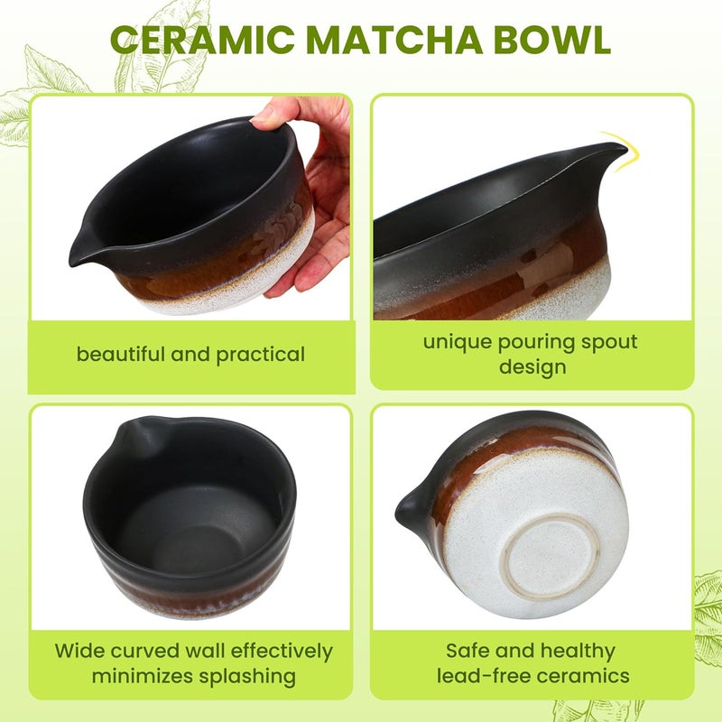 GBBG Matcha Whisk Set, Ceramic Matcha Kit Desert Style, Matcha Whisk and Bowl, Bamboo Scoop and Rest, Sifter and Tea Towel, 7 Pcs Gifts for Matcha Lover - Matte Black - Image 4